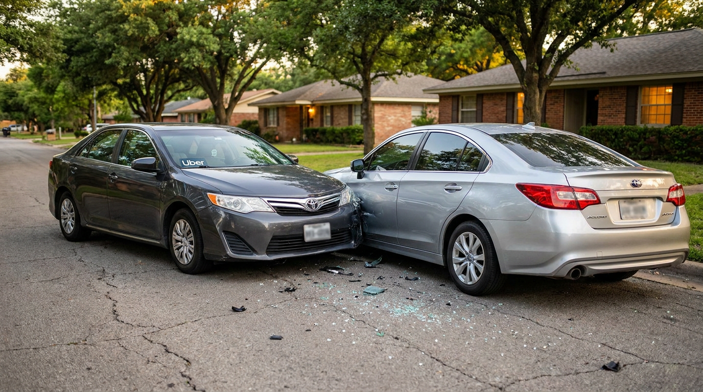A photorealistic candid scene of a dark gray Uber Toyota Camry with a visible Uber logo on the windshield that has rear-ended a silver sedan on a quiet residential suburban street in natural summer daylight, with realistic broken glass and plastic debris naturally scattered on the asphalt, naturally fogged license plates on both vehicles, no people present, and suburban homes and green trees in the background, representing the types of rideshare accident cases handled by a Framingham rideshare accident lawyer.