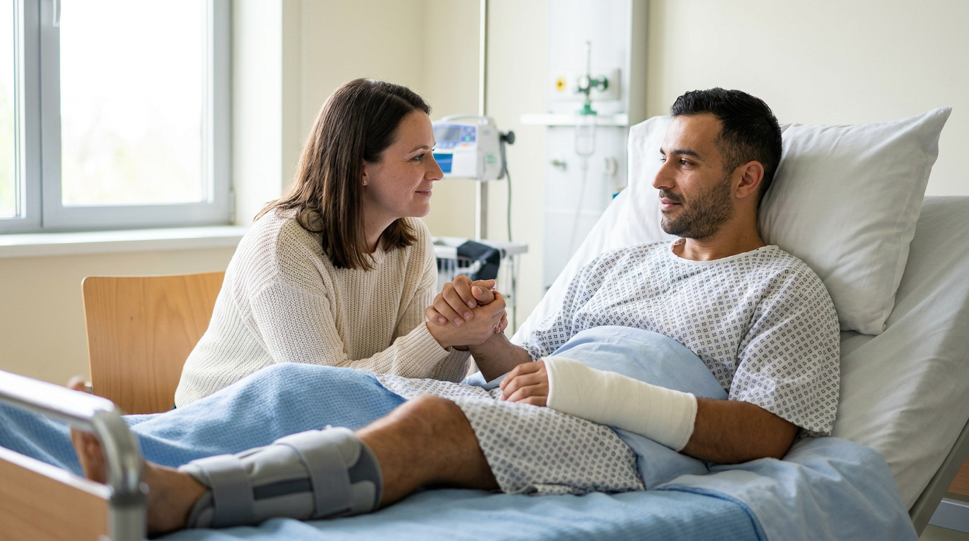Una escena fotorrealista en la que aparece un hombre gravemente herido, con un yeso en el brazo y una ortesis en la pierna, tumbado en una cama de hospital, mientras su mujer le sostiene la mano junto a la cama, lo que representa los casos de lesiones catastróficas que cambian la vida de las personas y de los que se ocupa un abogado especializado en lesiones catastróficas de Medford.