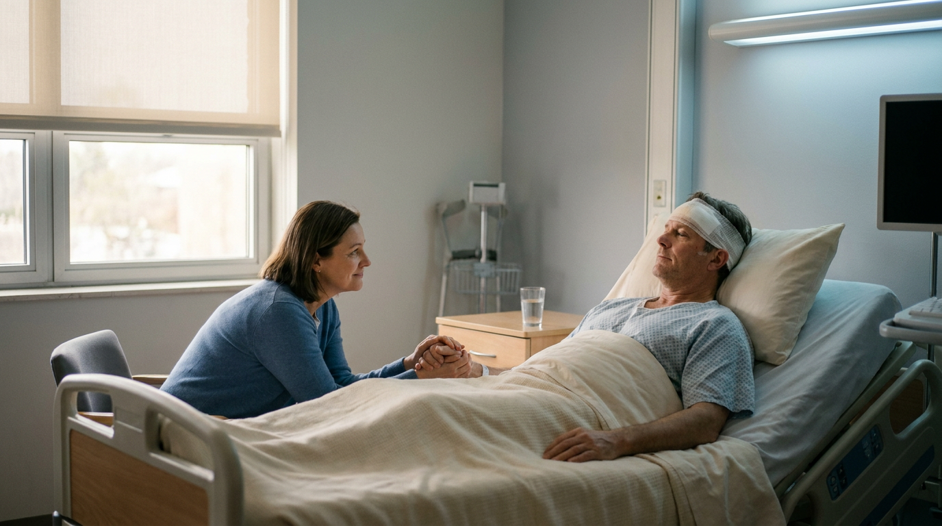 Family member at the bedside of a brain injury patient in hospital