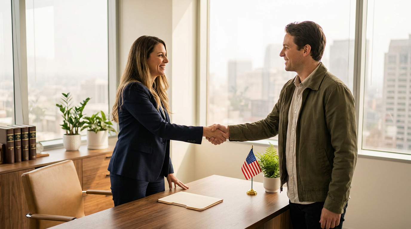 Attorney and client shaking hands across a desk beside a closed case file
