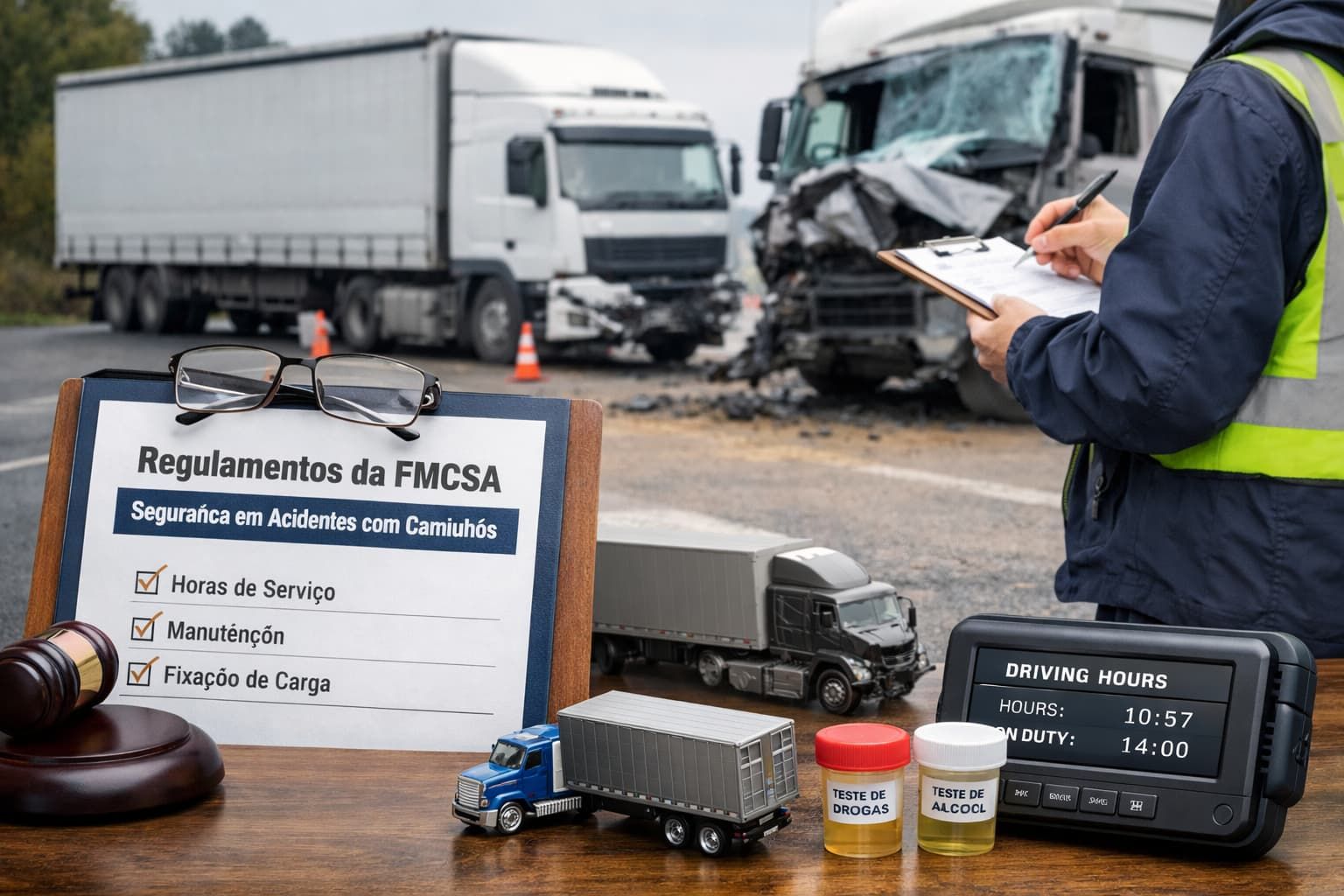 Regulamentos de seguran&ccedil;a da FMCSA em acidente com caminh&atilde;o, mostrando inspe&ccedil;&atilde;o, dispositivo de registro eletr&ocirc;nico e ve&iacute;culos comerciais