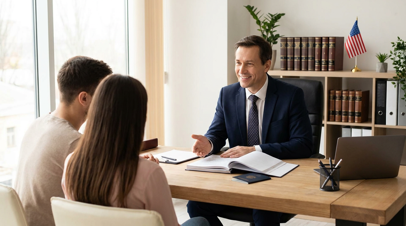 Immigration lawyer explaining green card paperwork to a young couple during a consultation