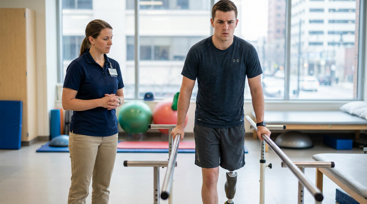 A photorealistic scene of a determined young man with a prosthetic leg standing between parallel bars in a hospital physical therapy room while a professional physical therapist supports him, representing the long recovery journey in catastrophic injury cases handled by a Revere catastrophic injury lawyer.