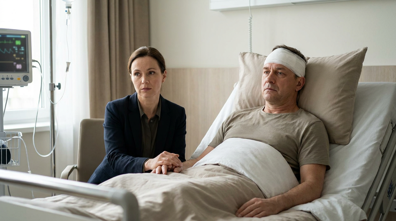 An image of a composed man with a bandaged head lying in a hospital bed while his concerned daughter holds his hand at his bedside, representing the traumatic brain injury cases handled by a Chelsea brain injury lawyer.