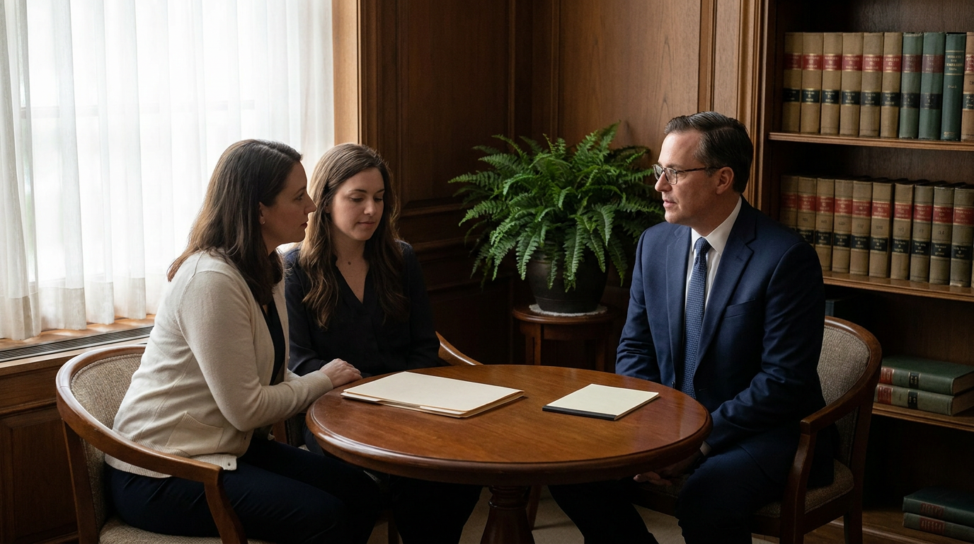 Attorney meeting with a client and an interpreter at a small table