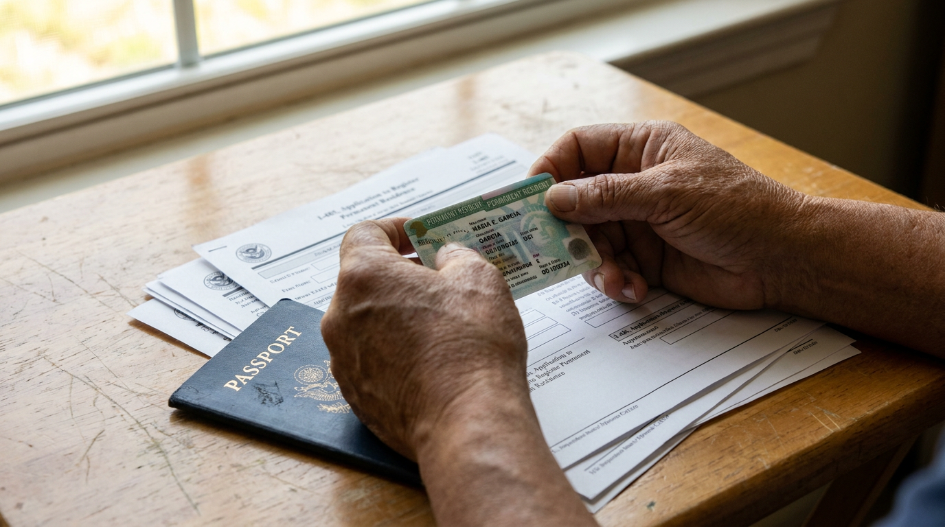 Manos sosteniendo una tarjeta de residencia recién aprobada sobre formularios de ajuste de estatus después de un caso de ajuste de estatus en Massachusetts.