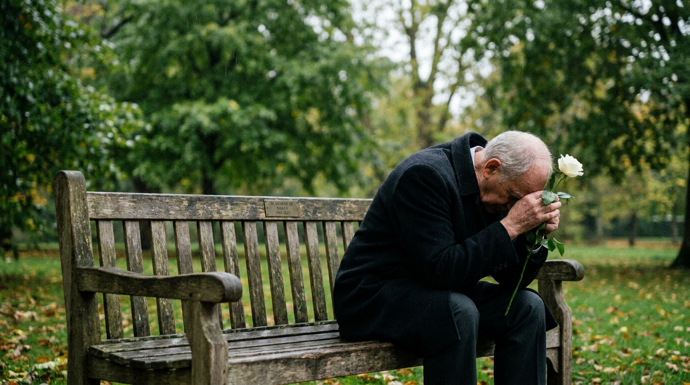 A photorealistic somber scene of a grieving family member sitting alone on a park bench holding a single white flower with head bowed in grief, representing the types of wrongful death cases handled by a Framingham wrongful death lawyer.