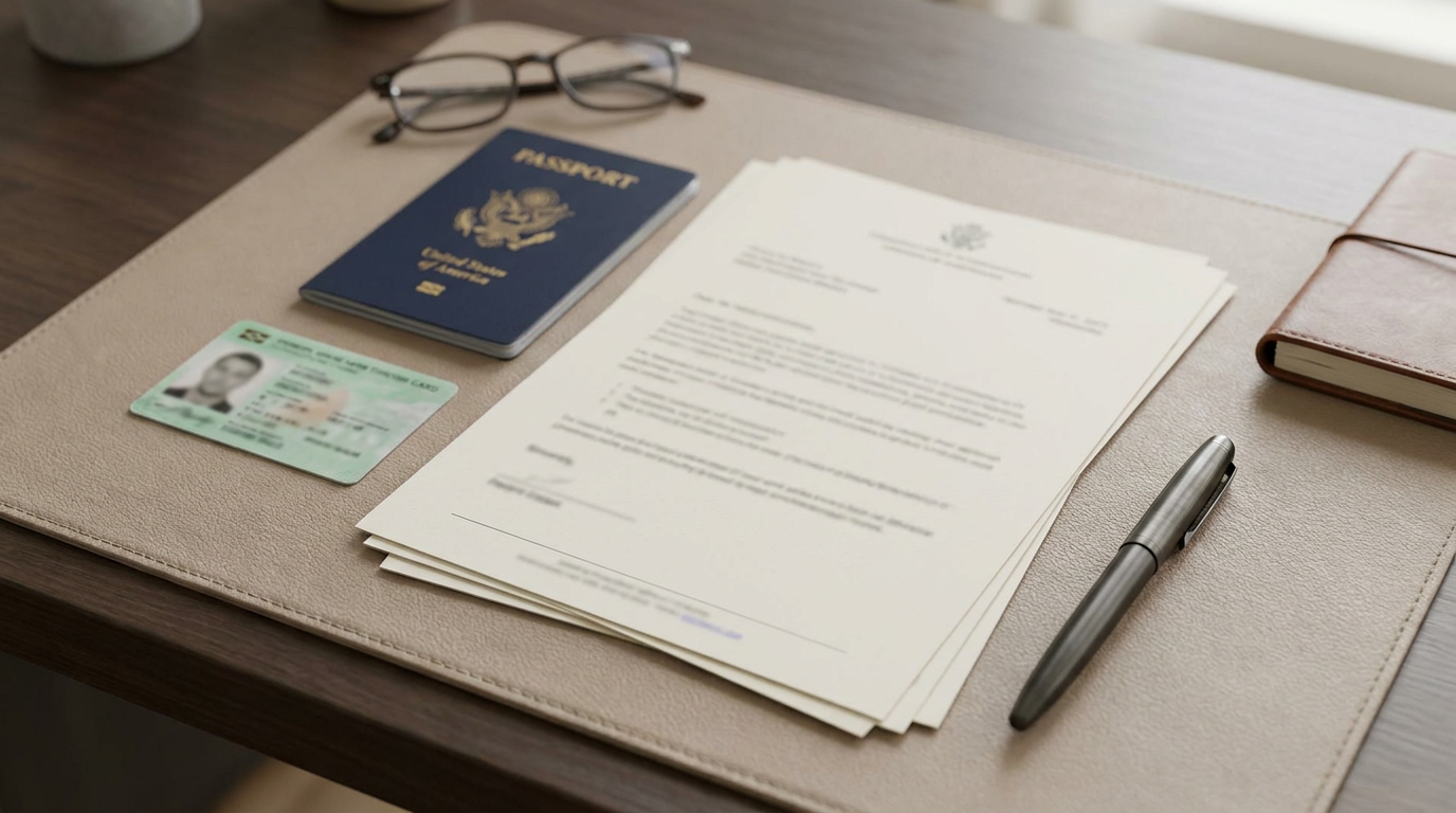 Green Card, passaporte dos EUA e documentos de imigração na mesa de um advogado especializado em imigração de Connecticut
