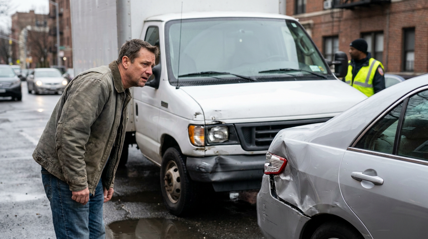 photorealistic image of a driver inspecting realistic collision damage between a commercial box truck with a dented bumper and a passenger sedan with a crumpled rear panel on a city street, with the blurred truck driver standing nearby, representing the collisions handled by a Revere truck accident lawyer.
