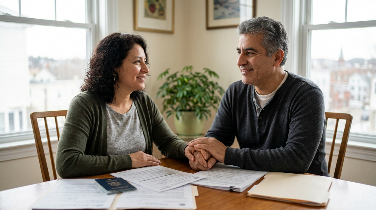 Hopeful immigrant couple reviewing paperwork at home with help from a Connecticut immigration lawyer