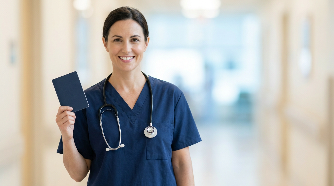 Profissional da área da saúde vestindo uniforme médico em Manchester, NH, segurando um passaporte fechado