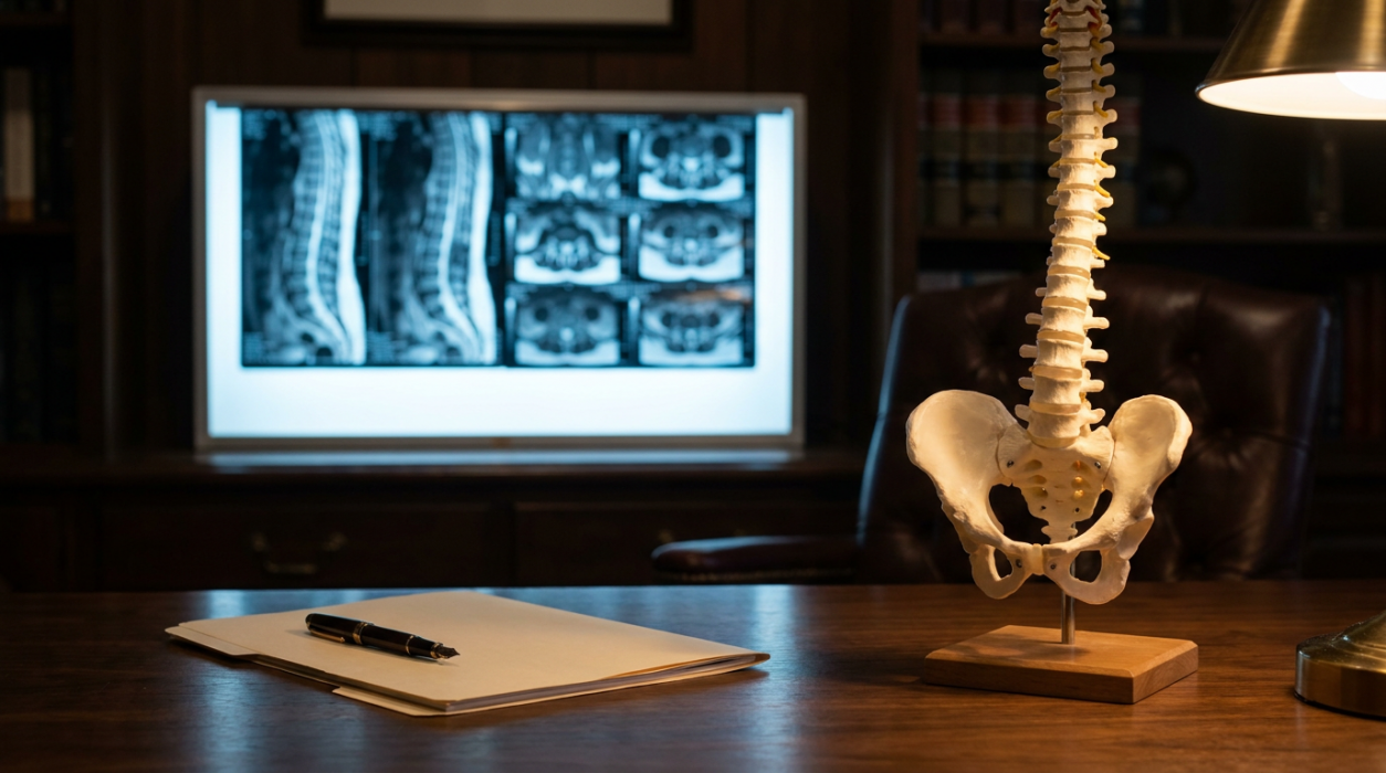 Una resonancia magnética de la columna vertebral y un modelo anatómico de la columna vertebral en el escritorio de un abogado especializado en lesiones de Medford