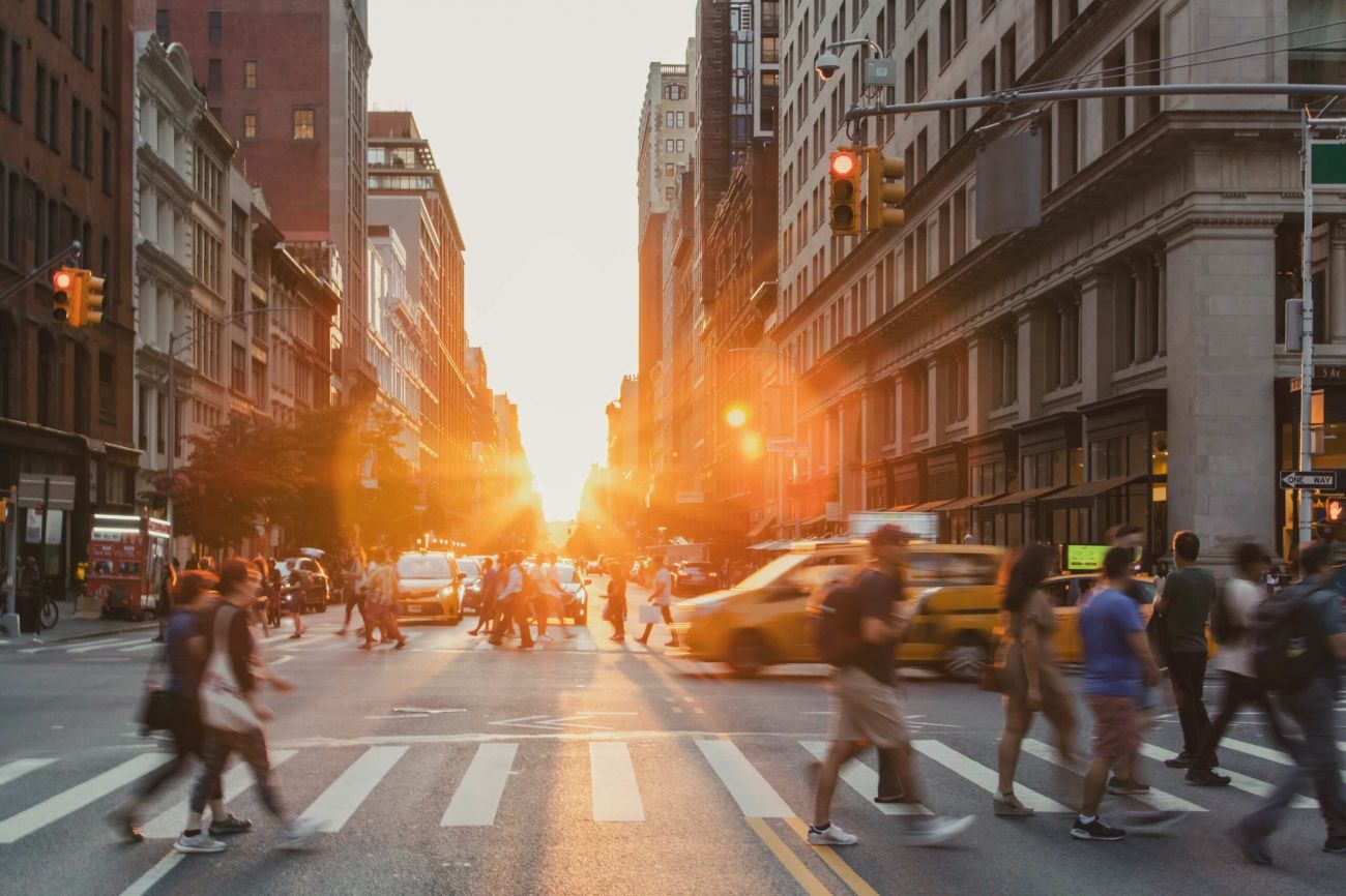 pedestrians on busy street