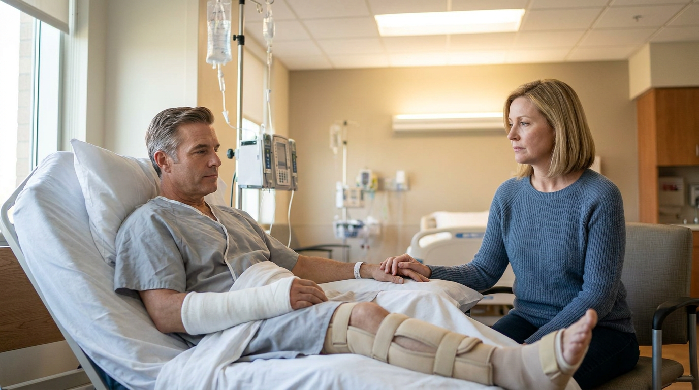 A photorealistic scene of a seriously injured man with an arm cast and leg brace lying in a hospital bed while his composed wife holds his hand at his bedside, representing the life-altering catastrophic injury cases handled by a Revere catastrophic injury lawyer.