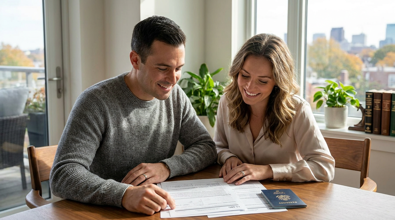 Una pareja de inmigrantes bien vestida revisa en su casa la documentación del formulario I-485 para el ajuste de estatus con un abogado especializado en ajustes de estatus de Massachusetts.