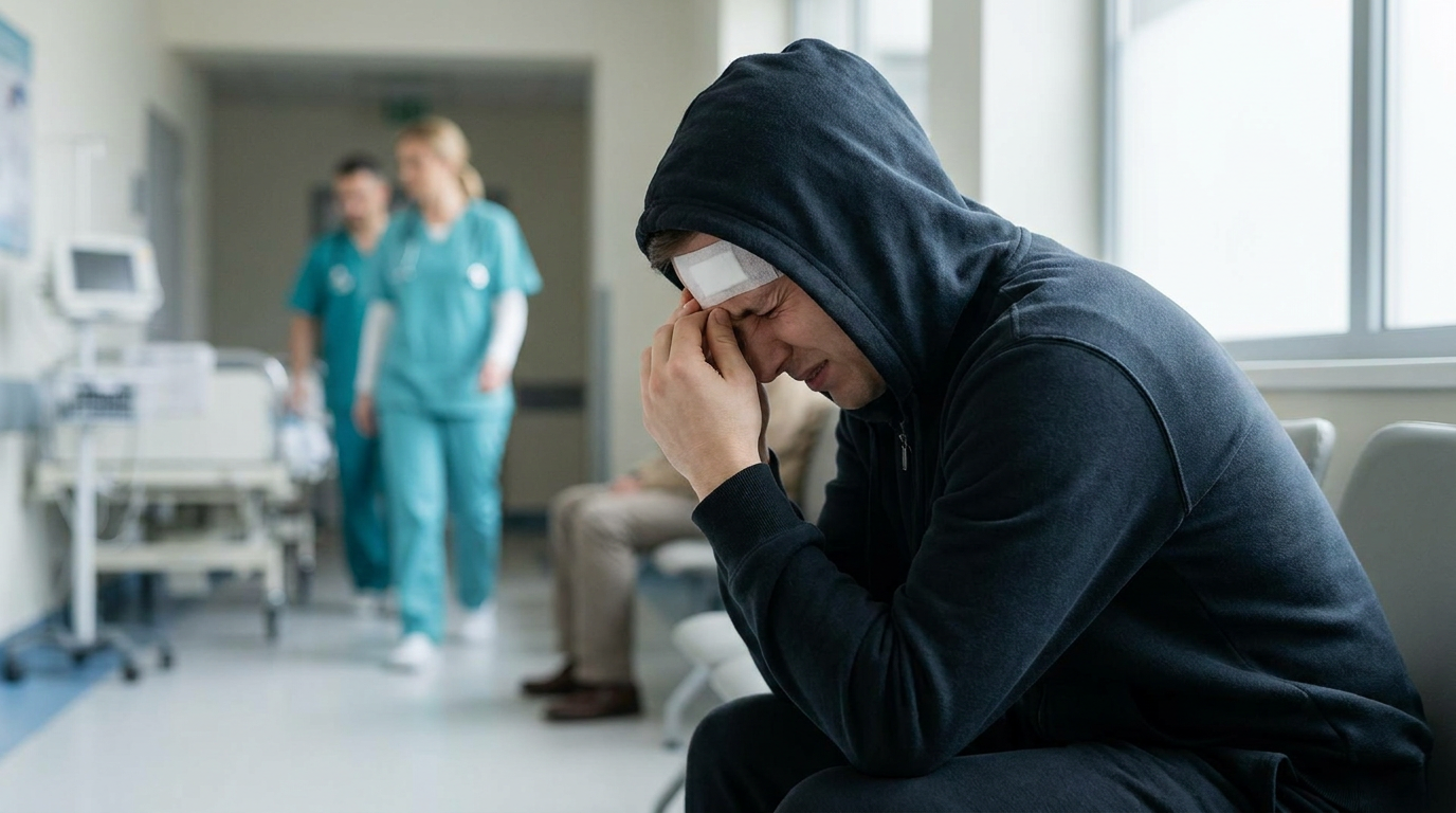 A realistic scene of a person suffering from a brain injury after an accident, holding their head in pain, representing the types of traumatic brain injury cases handled by a Framingham brain injury lawyer.