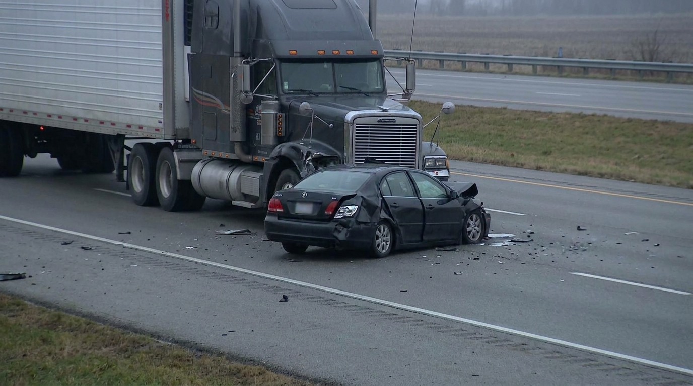 Una grave colisión entre un camión semirremolque comercial y un turismo en una autopista, que ilustra el tipo de casos de accidentes de camiones de los que se ocupa un abogado especializado en accidentes de camiones de Framingham.