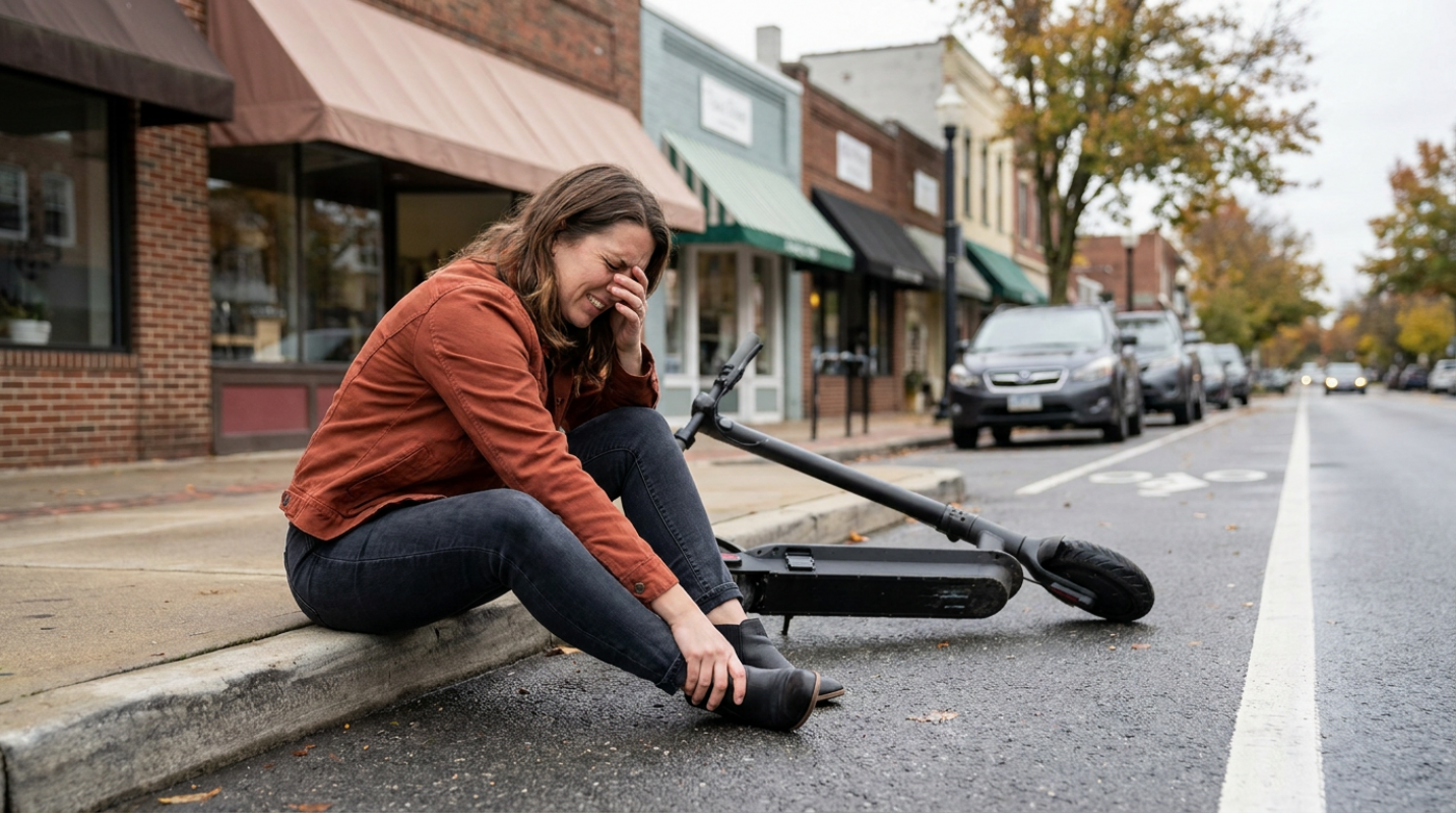 Woman with an ankle injury beside a fallen e-scooter on a Medford street