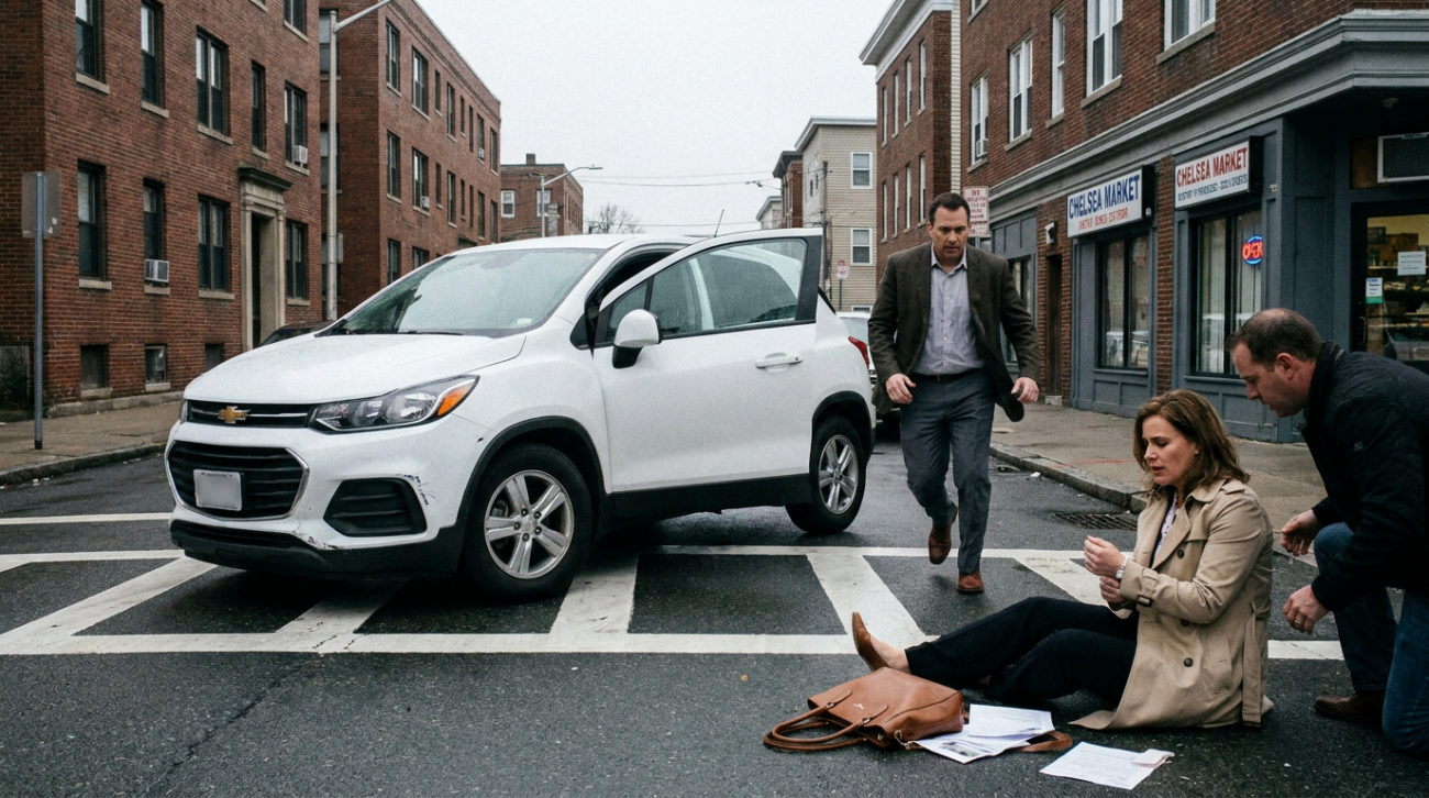 A photograph of a well-dressed woman in a trench coat sitting shaken on the pavement beside her dropped handbag moments after a pedestrian accident on a Chelsea street, with a blurred alarmed driver hurrying toward her from an SUV with a lightly scuffed bumper, representing the cases handled by a Chelsea pedestrian accident lawyer.