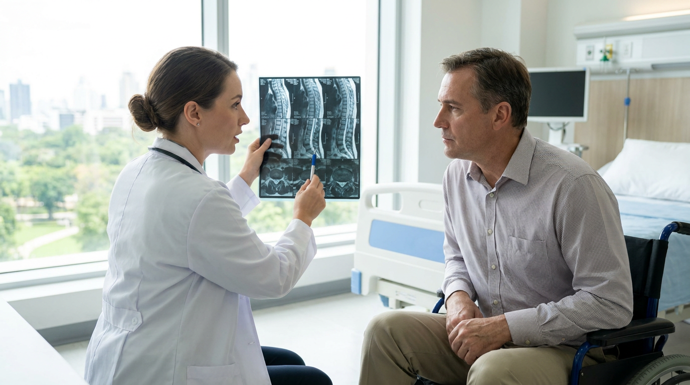 Una escena fotorrealista en la que un médico sostiene una resonancia magnética de la columna vertebral y explica los resultados a un hombre bien arreglado sentado en una silla de ruedas en una luminosa sala de hospital, que representa los casos de lesiones traumáticas de la médula espinal de los que se ocupa un abogado especializado en lesiones de la médula espinal de Chelsea.