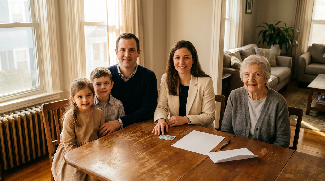 Família de imigrantes em Boston, MA, segurando uma notificação de aprovação e um cartão de residente permanente após um pedido baseado em laços familiares