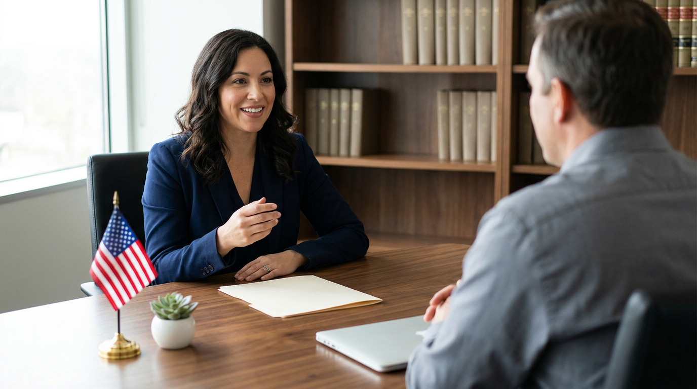 Attorney speaking with a professional client at his desk