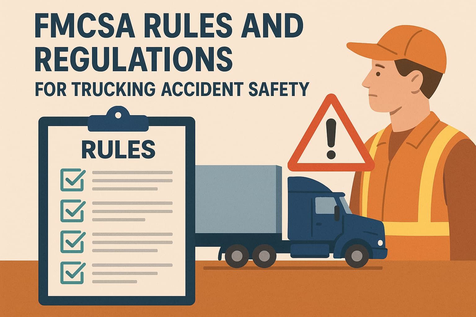 Ilustración de las normas de seguridad en accidentes de camión de la FMCSA que muestra a un camionero con equipo de seguridad, un semirremolque, una señal de advertencia con un signo de exclamación y una lista de comprobación en un portapapeles con la etiqueta "Normas" y marcas de verificación, que simbolizan las normas federales de seguridad.