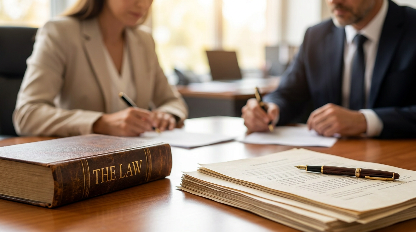 Un primer plano fotorrealista de un libro de derecho y documentos jurídicos, con un bolígrafo sobre un escritorio de madera en primer plano; al fondo, dos profesionales del derecho difuminados que revisan y firman documentos, lo que representa los servicios jurídicos profesionales que presta un abogado especializado en lesiones personales de Framingham.