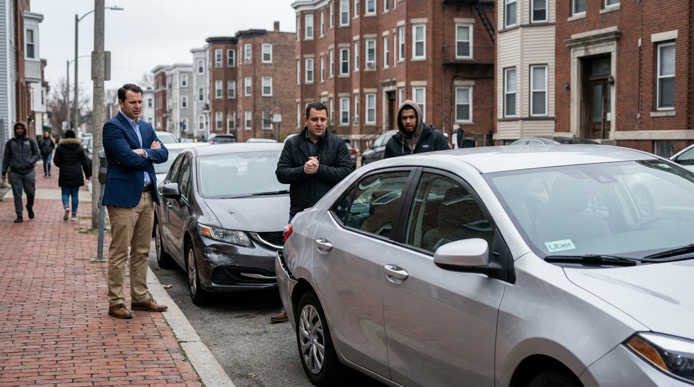 A photograph of a minor rear-end collision on an urban Chelsea street showing a silver Uber rideshare sedan with a lightly dented rear bumper and a gray sedan with a matching dented front bumper behind it, with the blurred shaken Uber driver and passenger standing nearby, representing the cases handled by a Chelsea rideshare accident lawyer.