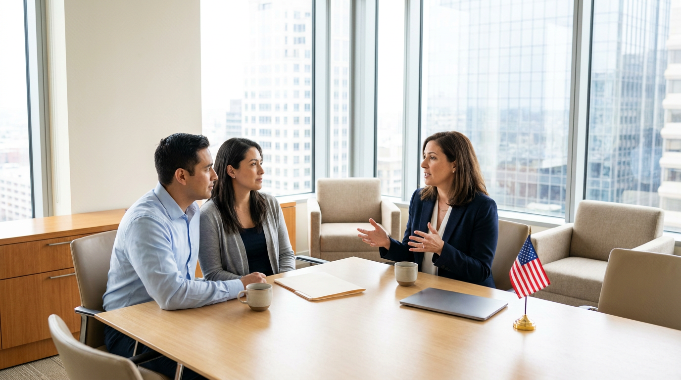 Attorney meeting with two business clients in a modern office