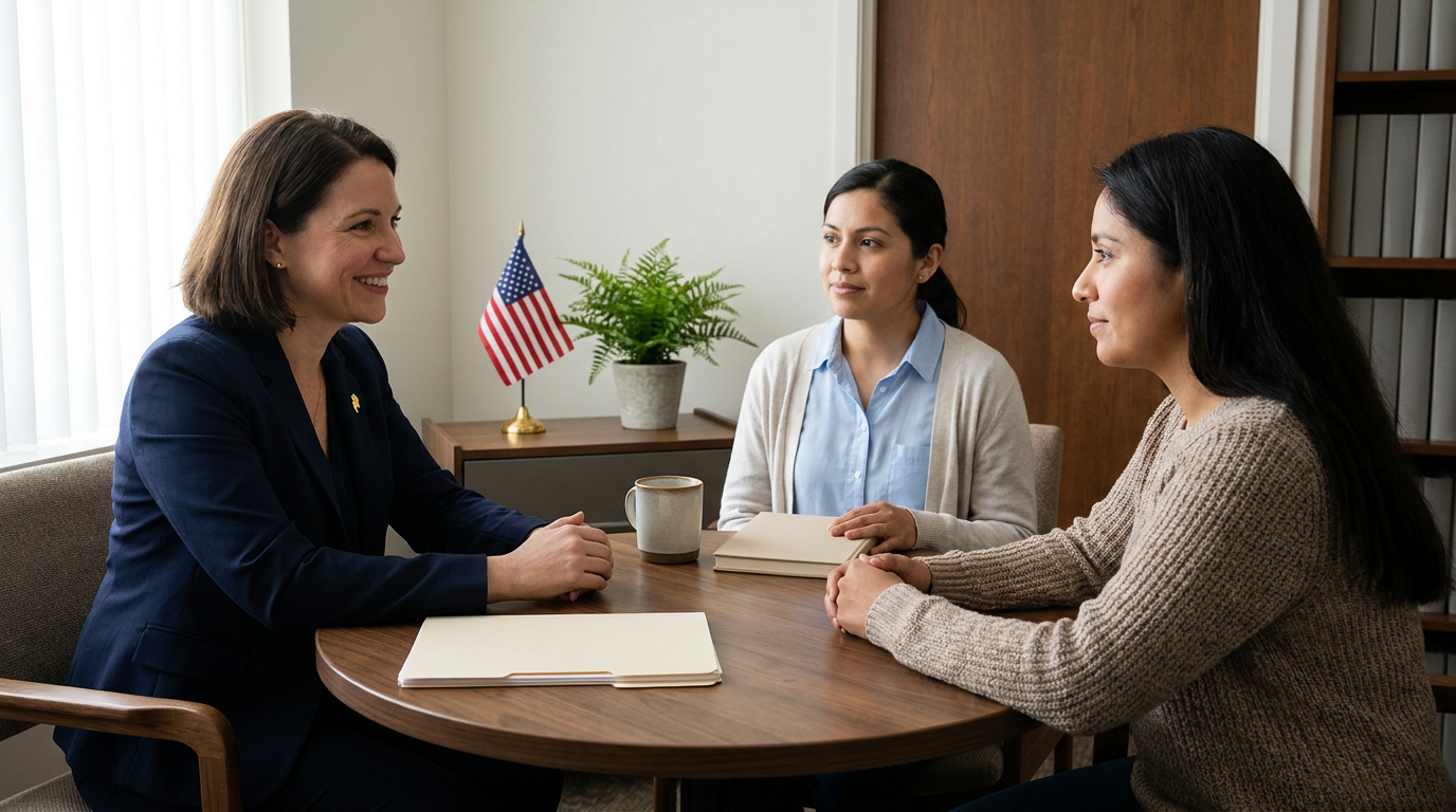 Attorney and a caseworker meeting with a client at a table in a private office
