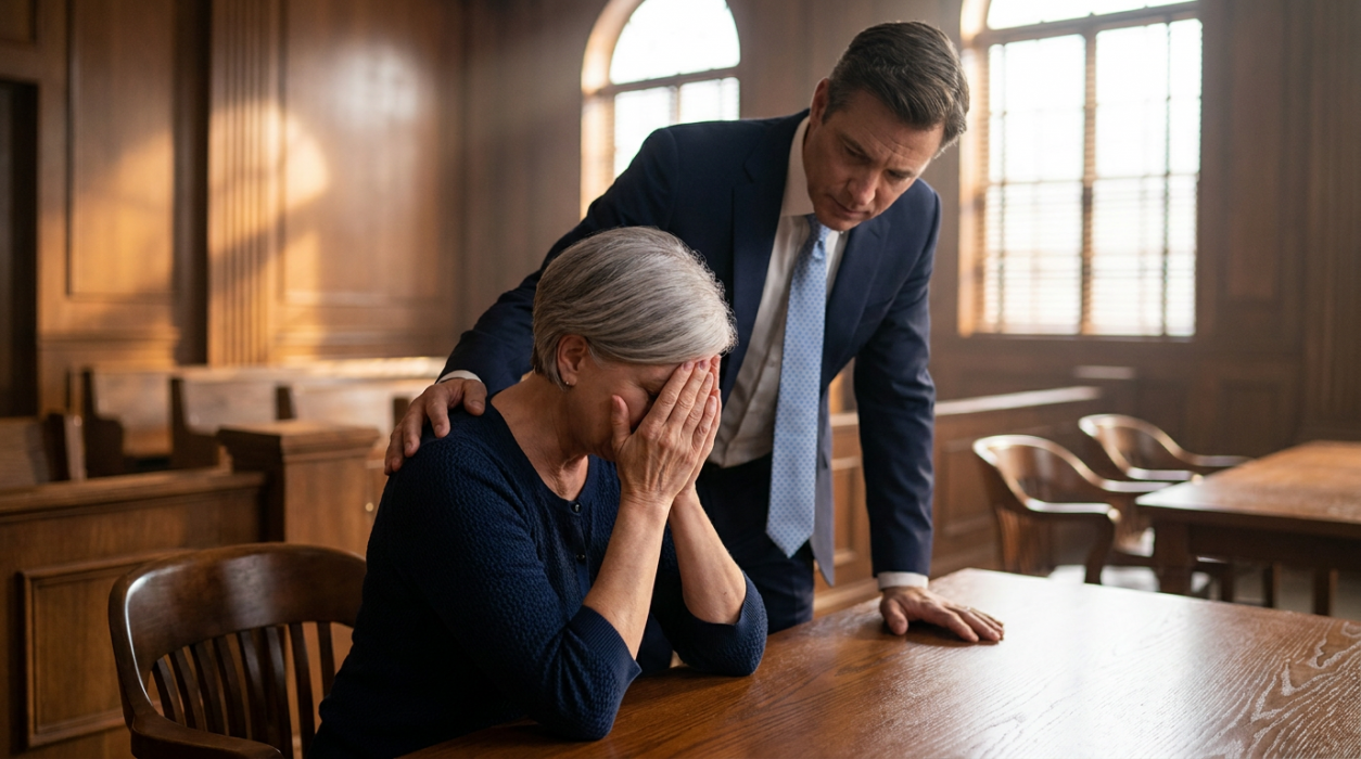 Una escena fotorrealista en una sala de juicios en la que aparece una mujer afligida, con el pelo corto y bien peinado de color gris, cubriéndose el rostro con ambas manos y llorando, mientras un abogado especializado en daños personales, con un aire compasivo y vestido con un traje oscuro, se encuentra de pie detrás de ella con una mano sobre su hombro en señal de consuelo; esta imagen representa el tipo de casos de homicidio culposo que lleva un abogado especializado en homicidio culposo de Framingham.