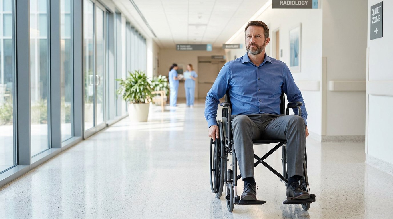 A photorealistic scene of a serious, composed man in a wheelchair gazing thoughtfully out a bright hospital window, representing the life-changing impact of spinal cord injury cases handled by a Revere spinal cord injury lawyer.