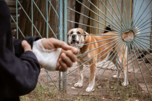 man with bandaged hand and dog behind fence