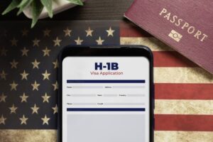 H-1b visa application concept: smartphone with USA H-1B visa application over a USA flag