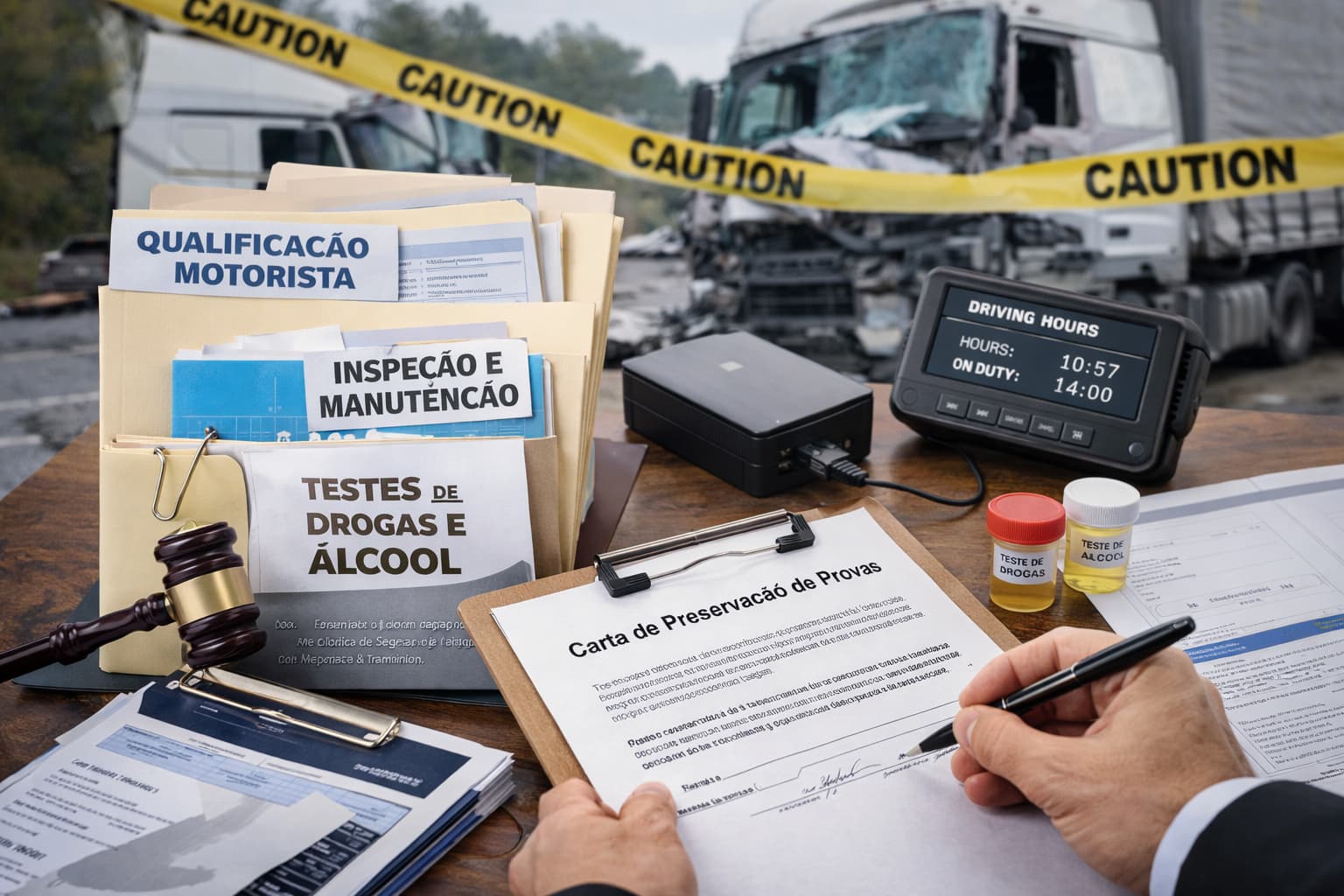 Coleta e preservação de evidências de violações regulatórias da FMCSA Preservação de evidências de violações da FMCSA após acidente com caminhão, mostrando registros, dispositivo de registro eletrônico e documentos legais