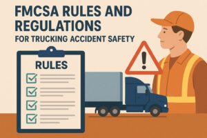 Illustration of FMCSA trucking accident safety rules showing a truck driver in safety gear, a semi-truck, a warning sign with an exclamation mark, and a clipboard checklist labeled 'Rules' with check marks, symbolizing federal safety regulations.