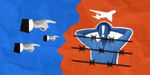 Conceptual collage showing a migrant behind barbed wire with an airplane overhead, while hands in suits point in accusation. Blue and red background