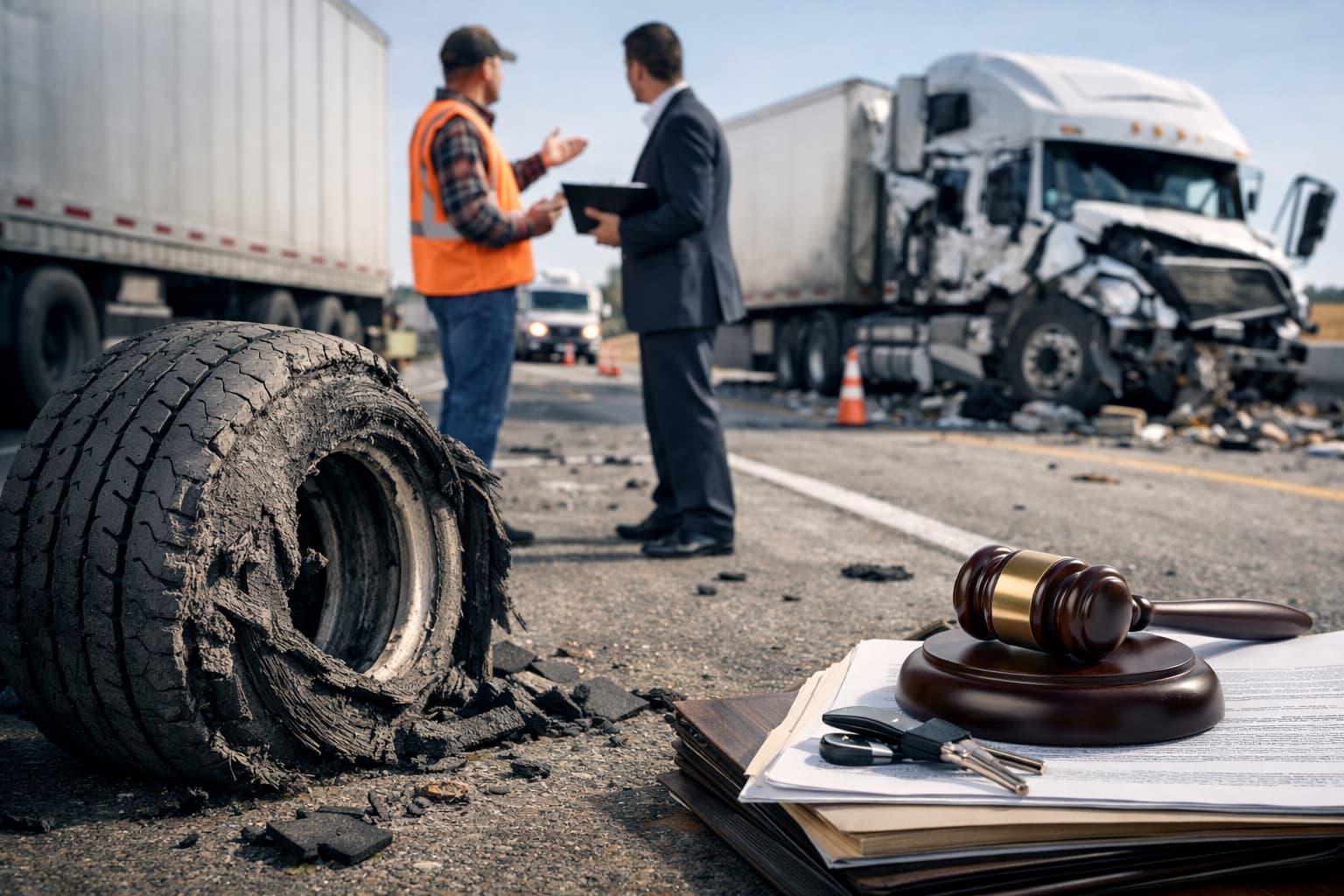 Pneu defeituoso de caminh&atilde;o ap&oacute;s acidente rodovi&aacute;rio com caminh&atilde;o danificado e investiga&ccedil;&atilde;o de responsabilidade legal