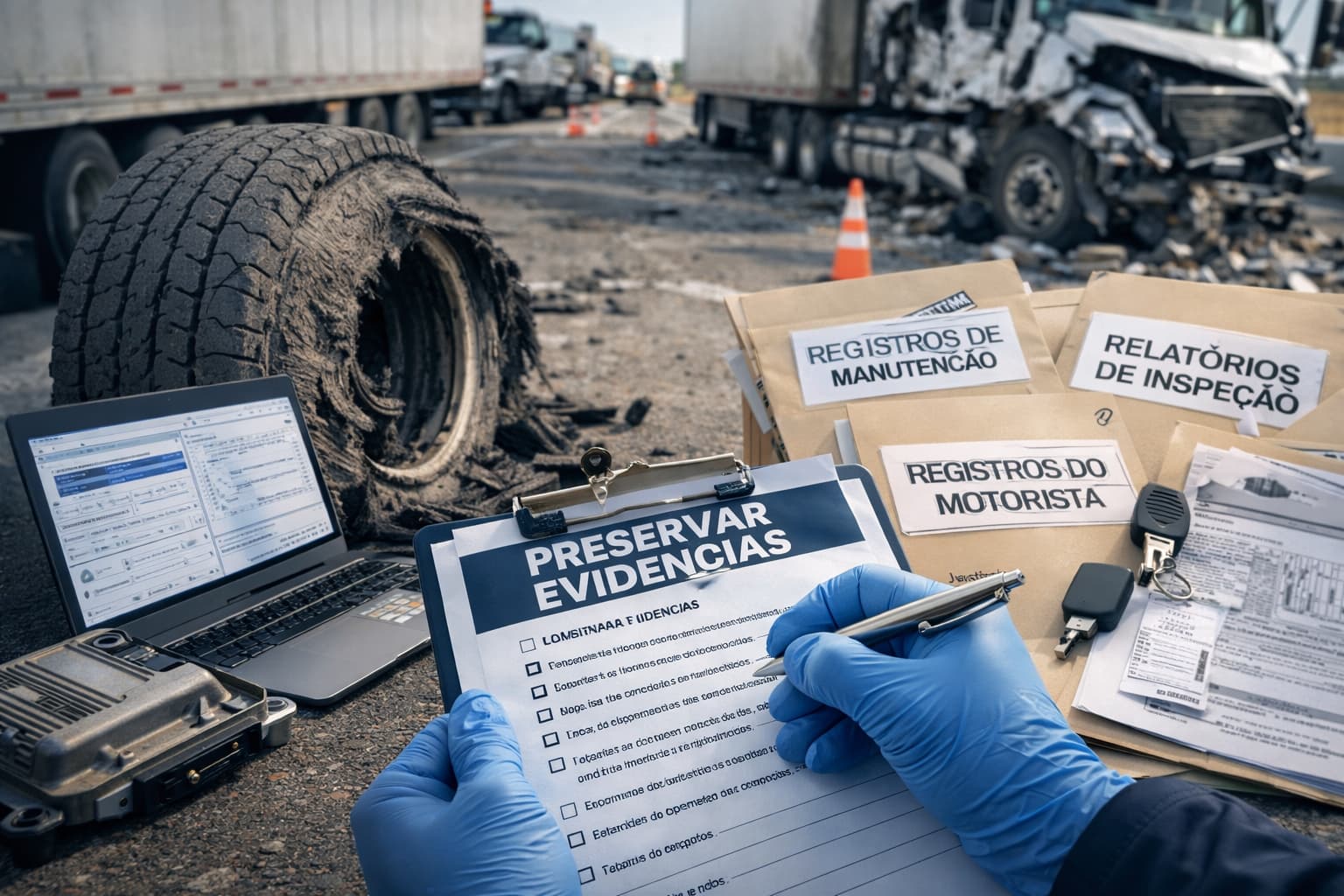 Preserva&ccedil;&atilde;o de evid&ecirc;ncias ap&oacute;s acidente de caminh&atilde;o por falha de pneu, com registros de manuten&ccedil;&atilde;o e inspe&ccedil;&atilde;o no local