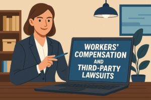 Illustration of a female lawyer in a professional suit pointing at a laptop displaying the text 'Workers’ Compensation and Third-Party Lawsuits' in a modern office setting with bookshelf, plant, and window background.