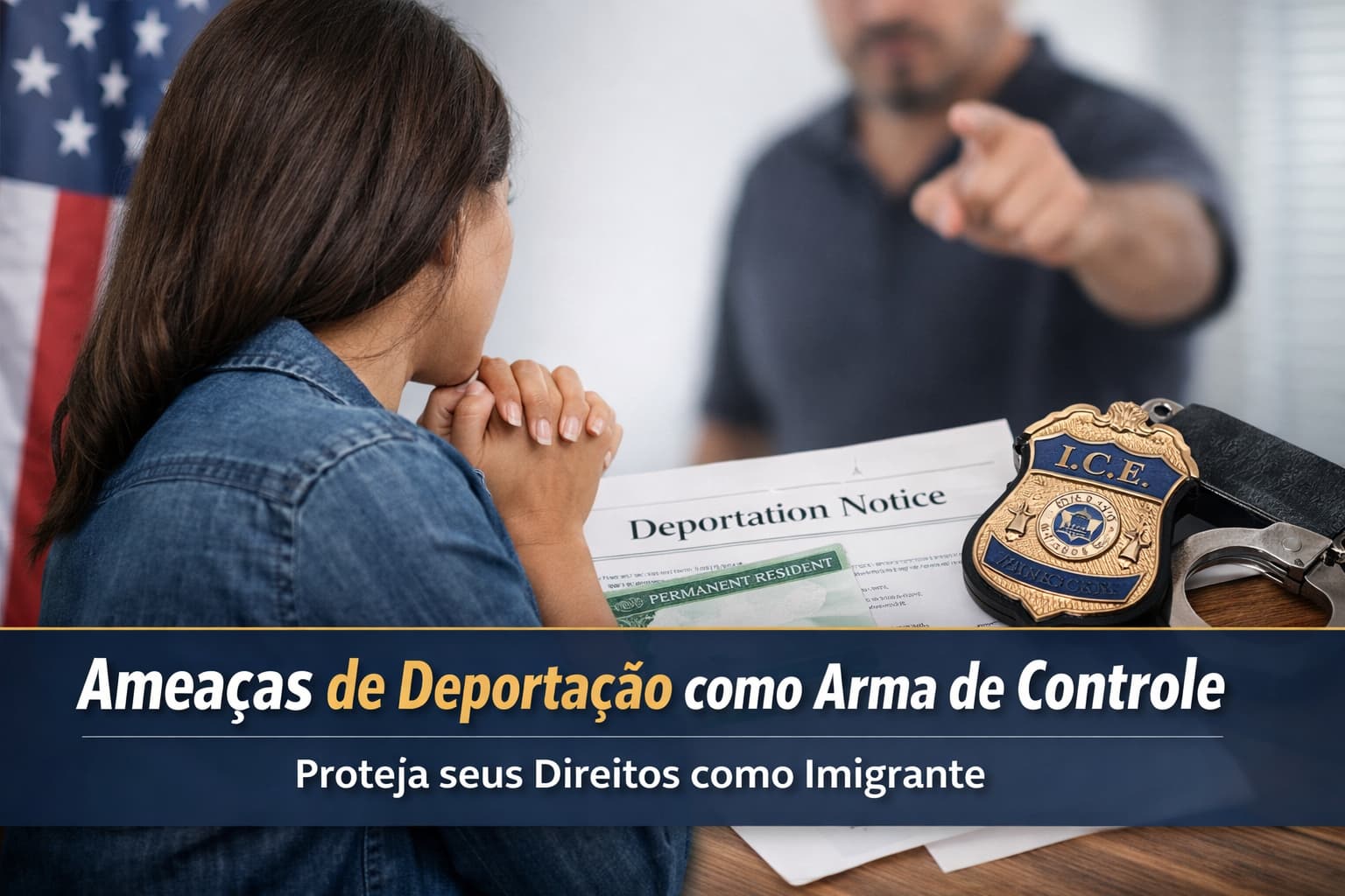 Mulher imigrante sob amea&ccedil;a de deporta&ccedil;&atilde;o usada como forma de controle por c&ocirc;njuge ou empregador, representando abuso imigrat&oacute;rio em Massachusetts