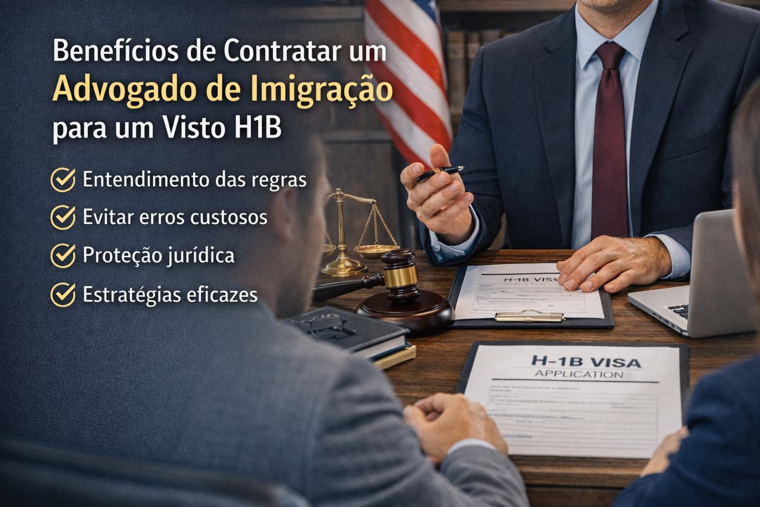 Advogado de imigra&ccedil;&atilde;o auxiliando clientes com visto H-1B, documentos legais e formul&aacute;rio H-1B em escrit&oacute;rio jur&iacute;dico profissional