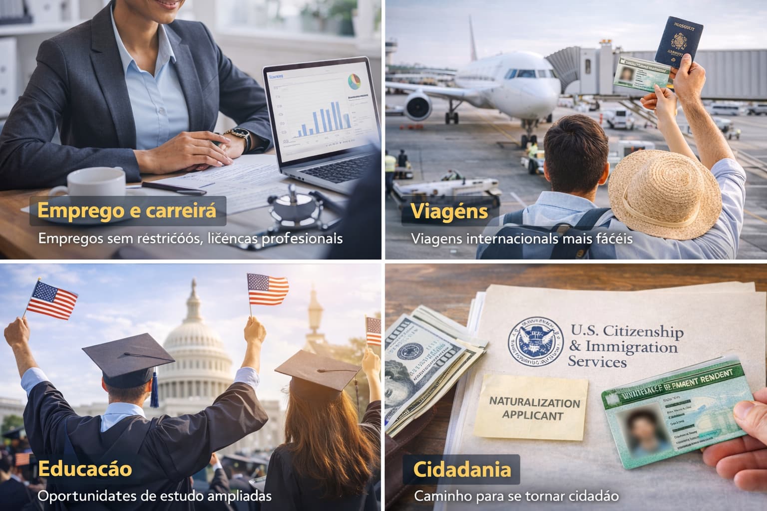 Benef&iacute;cios do Green Card mostrando emprego, viagens internacionais, educa&ccedil;&atilde;o e caminho para a cidadania dos EUA