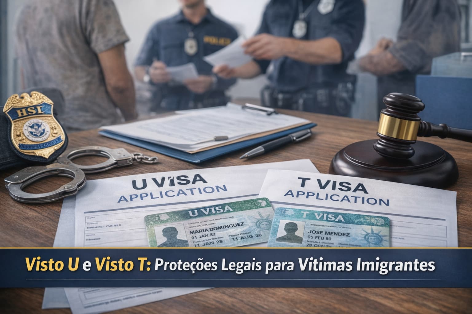 Formul&aacute;rios de visto U e visto T com cen&aacute;rio jur&iacute;dico simbolizando prote&ccedil;&atilde;o legal para imigrantes v&iacute;timas de crimes e explora&ccedil;&atilde;o no trabalho nos EUA