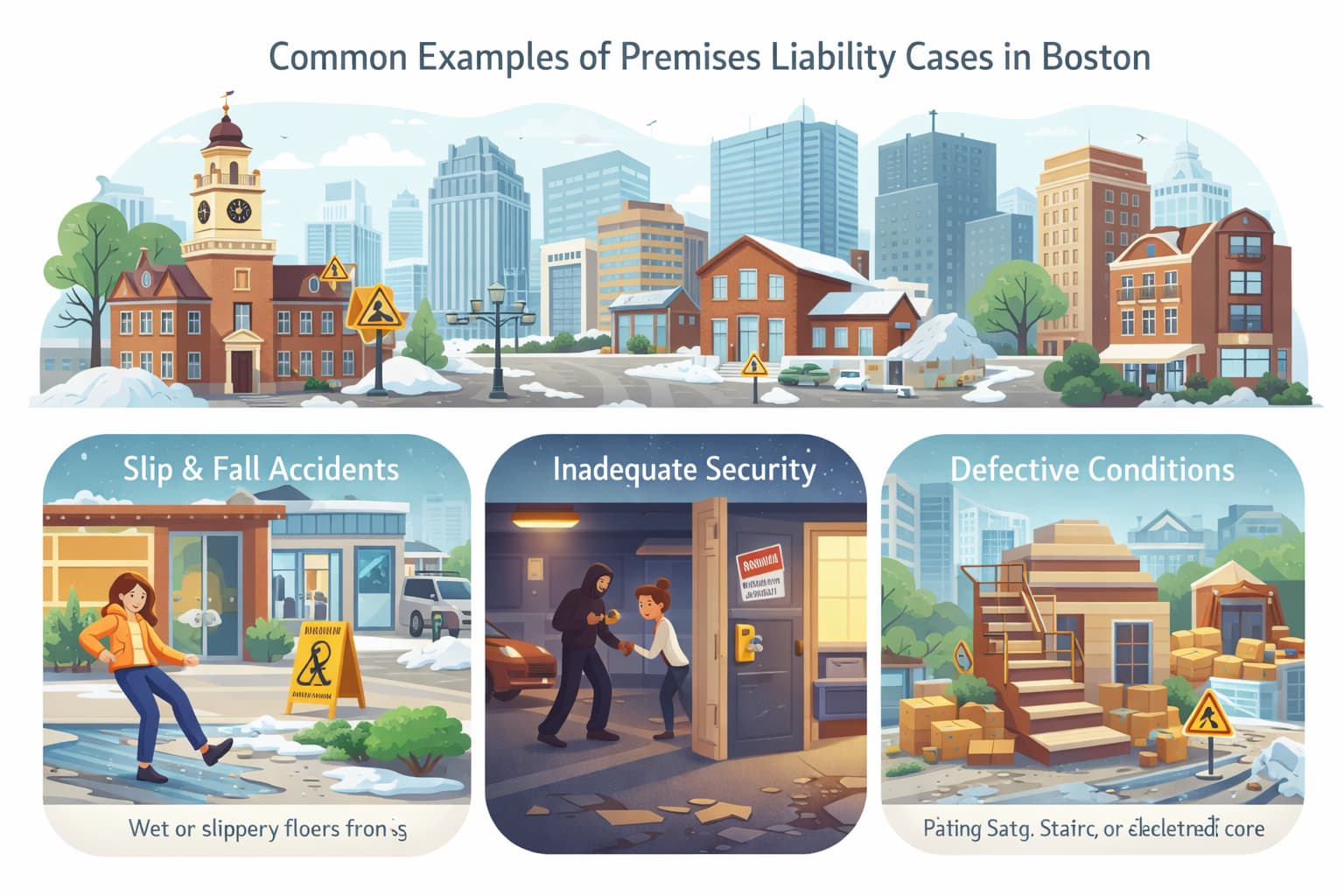 Illustration showing common premises liability cases in Boston, including slip and fall accidents on icy sidewalks, inadequate security incidents, and defective property conditions in urban buildings.