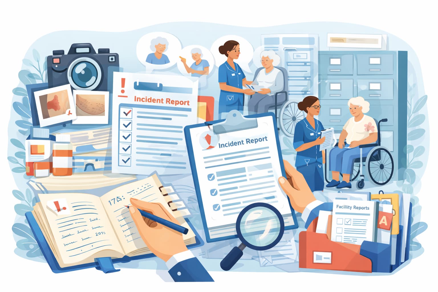Flat vector illustration showing collection of evidence for nursing home negligence, including medical records, photos, notes, and document review.