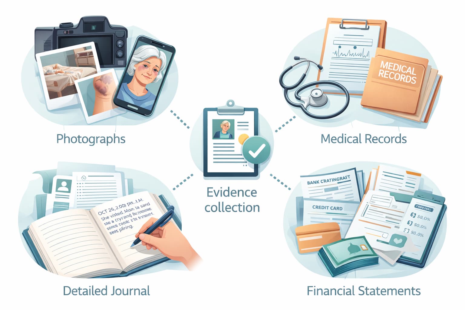 Flat vector illustration showing evidence collection for nursing home injury, including photos of injuries, medical records, financial documents, and a written journal.