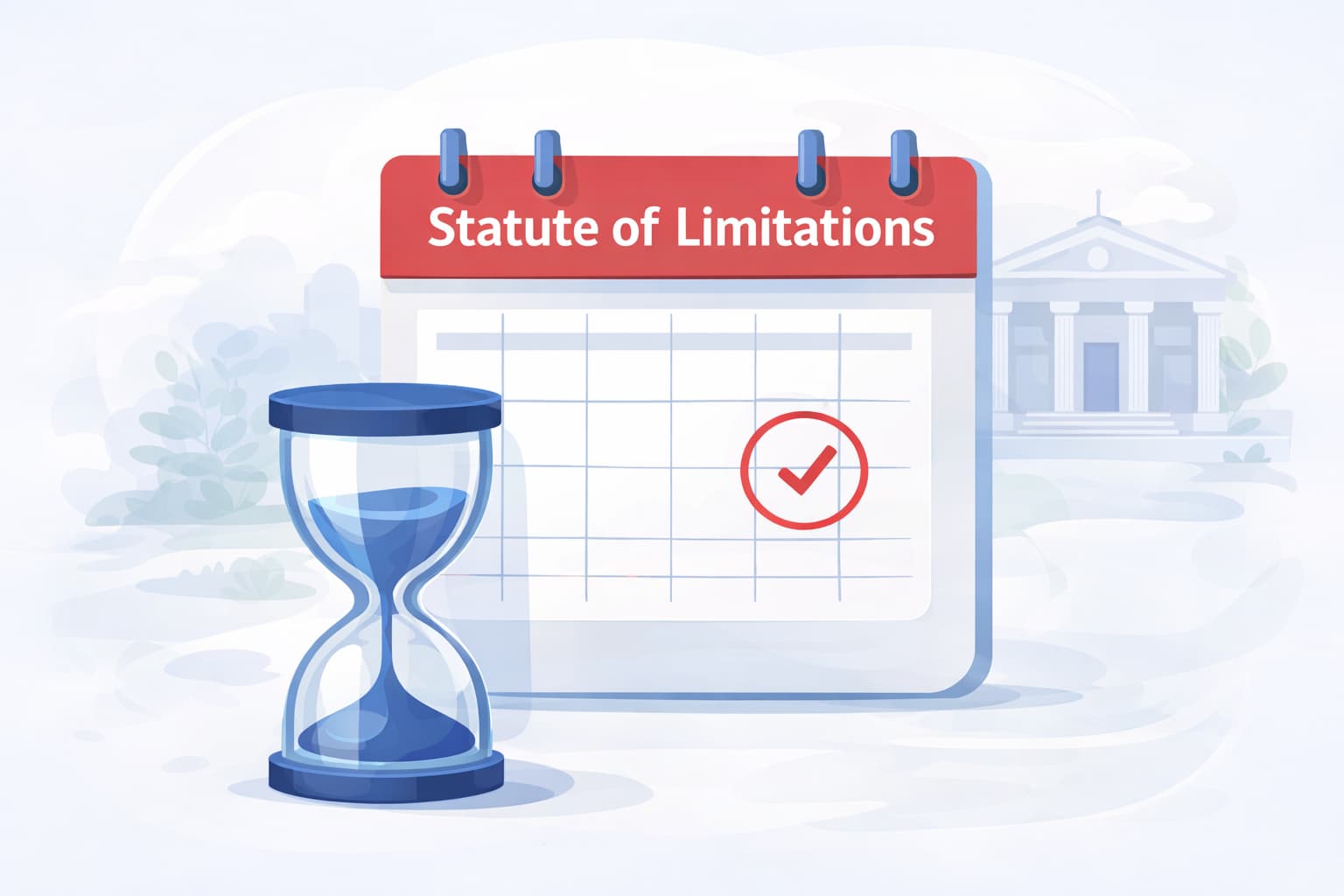 Flat vector illustration showing the statute of limitations with a calendar labeled &ldquo;Statute of Limitations,&rdquo; hourglass.