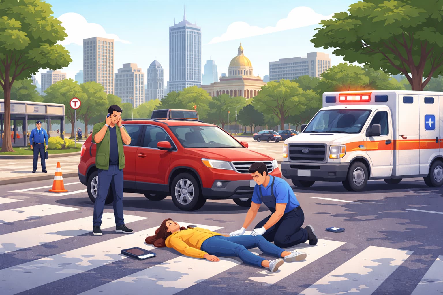 Flat vector illustration of a pedestrian accident at a busy Boston intersection with a crosswalk, vehicle traffic, and emergency response scene.